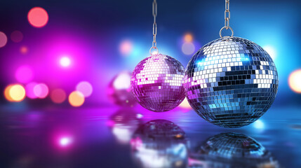 Obraz premium Disco mirror balls hanging with colorful lights creating festive nightlife and party atmosphere. 