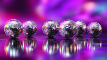 Disco mirror balls hanging with colorful lights creating festive nightlife and party atmosphere.
