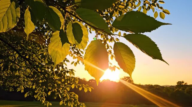 Leaves hang from branches as the sun sets, creating a warm glow that highlights the vibrant green colors. The leaves and sunset together form a tranquil scene in nature.