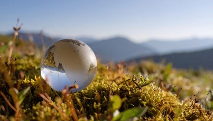 Crystal ball reflecting a mountain landscape on mossy terrain.
