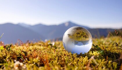 Crystal ball reflecting a mountain landscape on mossy ground.