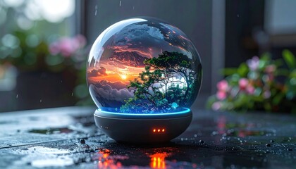 Crystal Ball Reflecting a Sunset Landscape on a Wet Surface.