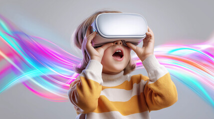 Excited child wearing virtual reality headset experiencing immersive digital technology.
