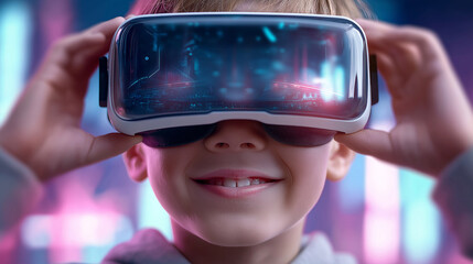 Excited child wearing virtual reality headset experiencing immersive digital technology.
