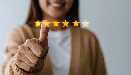 Customer satisfaction concept - Woman giving a five-star rating.
