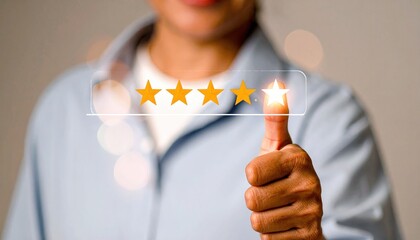 Customer satisfaction with four star rating and thumbs up.