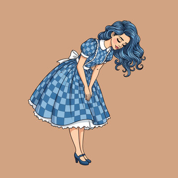 Young Girl in Blue Checkered Dress Curtsying.