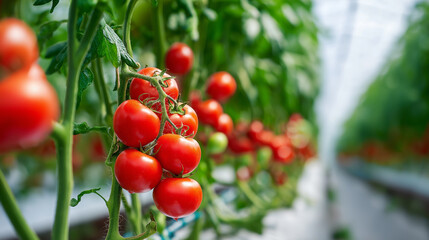 Fototapeta premium Ripe red tomatoes growing on vine inside modern greenhouse. 