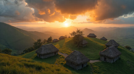 Stone huts with thatched roofs on green hills at sunset. Rural village landscape with cloudy sky and sun glow. Peaceful countryside view with distant valley.