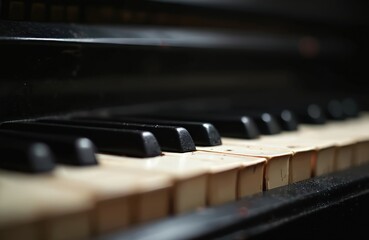 Close up view of worn black and white piano keys on an old grand piano. Musical instrument shows signs of age and use, suggesting a rich history of music performance and practice.