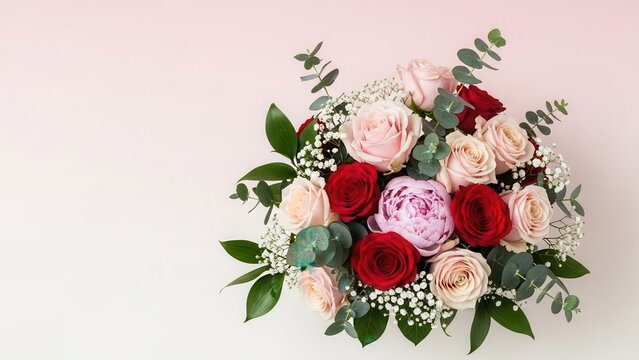 Beautiful bouquet of pink and red roses with eucalyptus and baby's breath