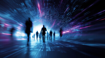 Silhouettes of people walking through futuristic digital city with glowing data streams.
