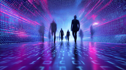 Silhouettes of people walking through futuristic digital city with glowing data streams.
