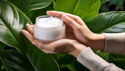 moisturizing cream in hand with green leaves in background showcasing skincare and beauty image conveys sense of freshness and care