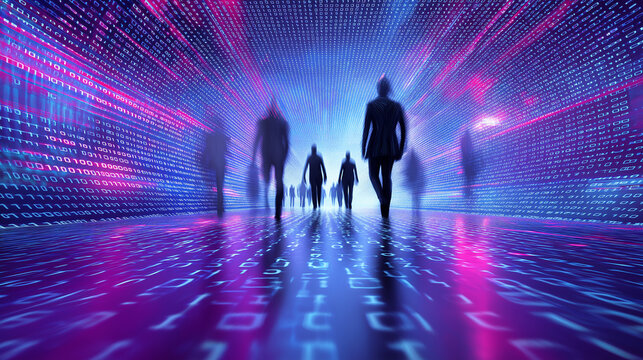 Silhouettes of people walking through futuristic digital city with glowing data streams.
 - Powered by Adobe