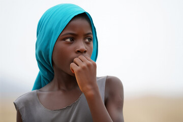A young african girl wearing a bright blue headscarf stands outside, appearing thoughtful. Generative AI.