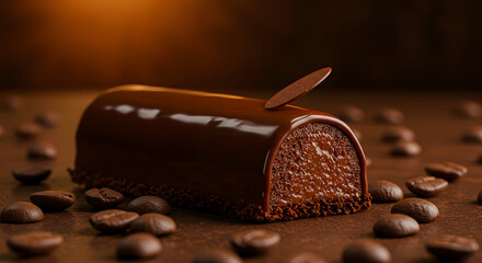 A chocolate dessert surrounded by coffee beans in a warm and inviting scene