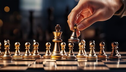 chess piece being moved strategically on board showcasing focus and determination in competitive game