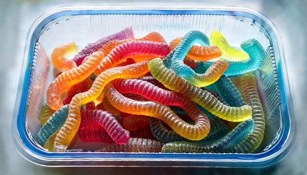 colorful gummy worms in transparent packaging with sugar coating candy sweets in bright colors