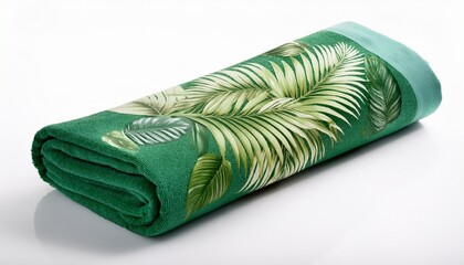 tropical beach towel folded with leaf pattern isolated on a white background