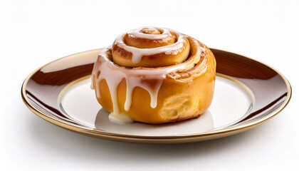 golden cinnamon roll with icing swirl centered on plate isolated on white background