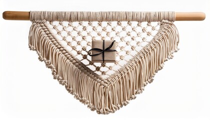 layered macrame wall hanging with spiral centered present isolated on white background