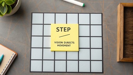 Overhead flat lay of a square grid with a highlighted step note