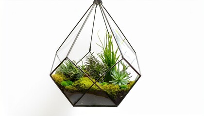 hanging glass terrarium with air plants and preserved moss isolated on a white background