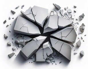 shattered wall with radial cracks and broken concrete pieces isolated on a white background