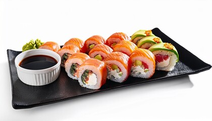 sushi platter with tuna salmon avocado rolls and soy sauce dish isolated on white background