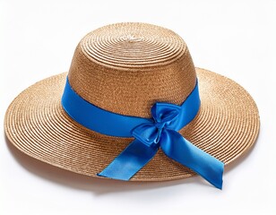 straw beach hat with blue ribbon isolated on a white background