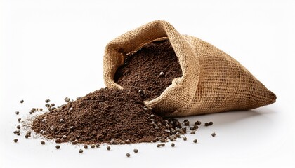small bag of soil with scattered seeds isolated on a white background