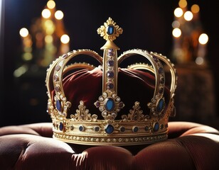 elegant golden crown with jewels and intricate royal design on a rich velvet cushion background