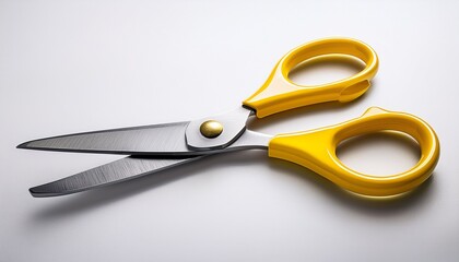 sharp stainless steel scissors with bright yellow plastic handles on a plain white background