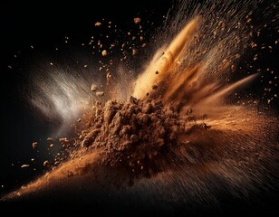 dynamic explosion of soil particles formed against a stark black background for artistic effect