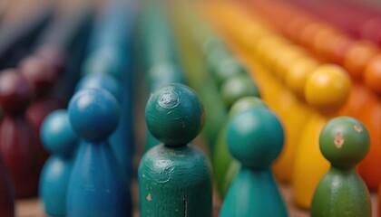 Row of small wooden figures in rainbow colors. Different hues stand close together suggesting unity and diversity. Figures symbolize people, community, or unity.