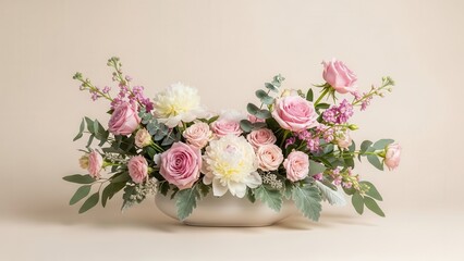 Elegant floral centerpiece in a white vase with pink and white roses