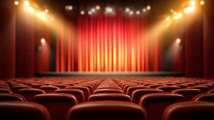 Empty theater auditorium with red seats and illuminated stage curtain before live performance.
