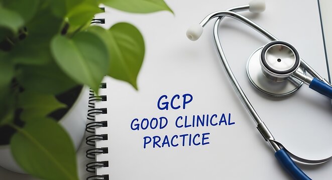 Stethoscope and notebook with Good Clinical Practice text and green plant medical