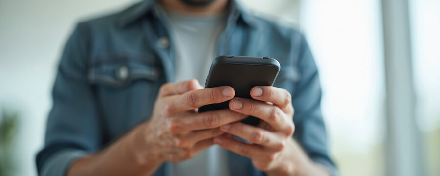 Man holds smartphone and types message with thumbs. Person uses mobile device for communication or work. Male browses internet on screen indoors. - Powered by Adobe