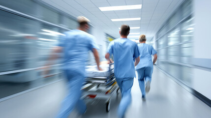 Medical emergency team rushing patient on stretcher through hospital corridor.
