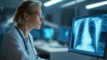 Female doctor analyzing chest X-ray scans on medical monitors in modern hospital environment.
