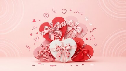 Heart shaped gift boxes with ribbons and bows on pink background with festive doodles