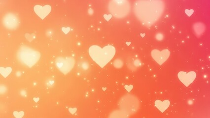 Abstract background of glowing hearts and sparkling particles against a vibrant pink and orange gradient