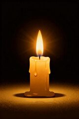 A softly glowing candle illuminates the darkness, casting a warm light and highlighting its wax