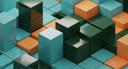 Naklejka premium Teal Orange Dark Green Cubes Abstract Geometric Pattern blocks