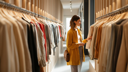 Woman browsing clothing racks inside modern fashion store interior.
