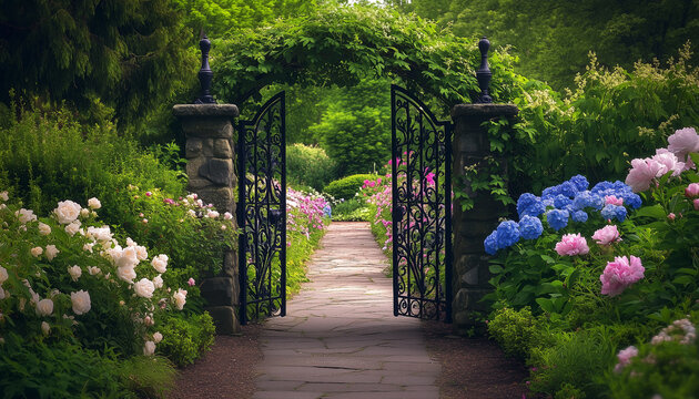 Black iron gate opens to a secret garden. Stone path leads into floral paradise. Blooming flowers and rich green plants creates a romantic tranquil scene
