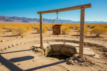 An old water well in a vast desert landscape under a clear blue sky, a symbol of perseverance and the passage of time. The well with a bucket hanging from a wooden beam.