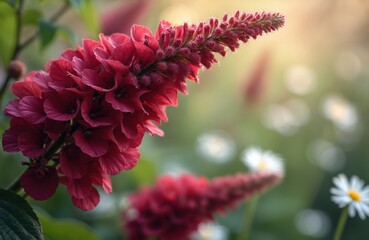 Fototapeta premium Close view of deep red amaranthus flower cluster. Blurred background with white daisy blooms and green foliage. Sunlight illuminates plant details.